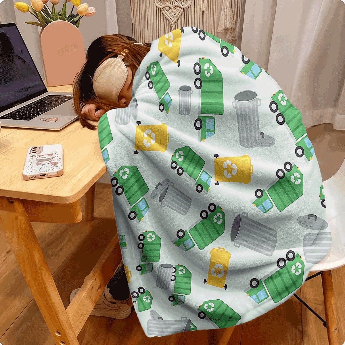 1pc All-Season Flannel Blanket with Colorful Recycling Garbage Trucks And Bins Print Ultra-Soft Lightweight Fleece Throw for Sofa Cozy Room Decor Blanket