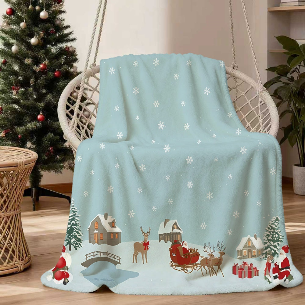 1pc Christmas Snow Scene Reindeer and Sleigh Pattern Flannel Blanket, Soft, Comfortable, and Warm, Light Blue Winter Design, All-Season Sofa Throw, Warm Cover Blanket, Multiple Sizes Available, Suitable for Living Room Sofas, Bedroom