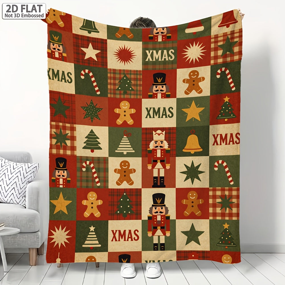 1pc Christmas Gingerbread for Man and Nutcracker Themed Red Flannel Large Blanket, Festive Cozy Design, Oversized Throw Blanket, Winter Decoration, Durable Plush Surface, Suitable for All Seasons, Ideal for Living Room Sofa Cover, Reading Time