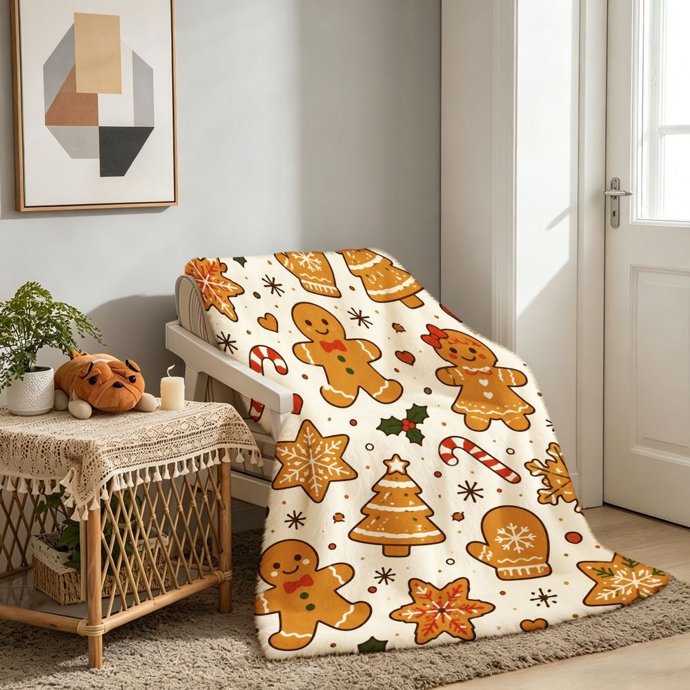 1pc Gingerbread for Man and Christmas Tree Beige Themed Flannel Large Blanket, Winter Holiday Decorative Design, Large Plush Throw Blanket, Suitable for Home Naps, Reading Time, and Living Room Sofa Cover