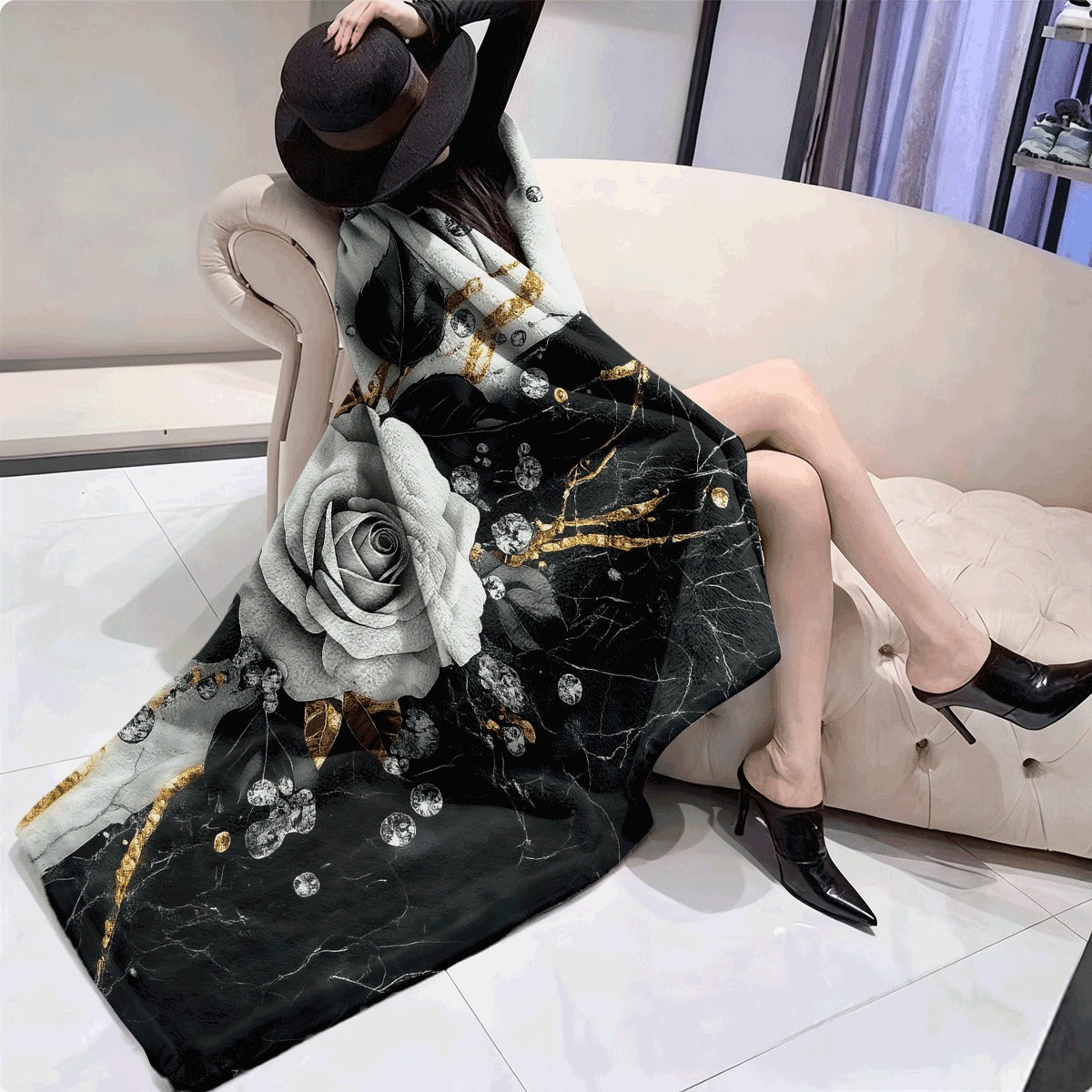 1pc Soft Flannel Blanket Suitable for Sofa Marble Flower & Diamond Print Cozy Warm Throw Winter Spread Machine Washable Couch Ding Birthday Gift Contemporary Cover (Flannel)
