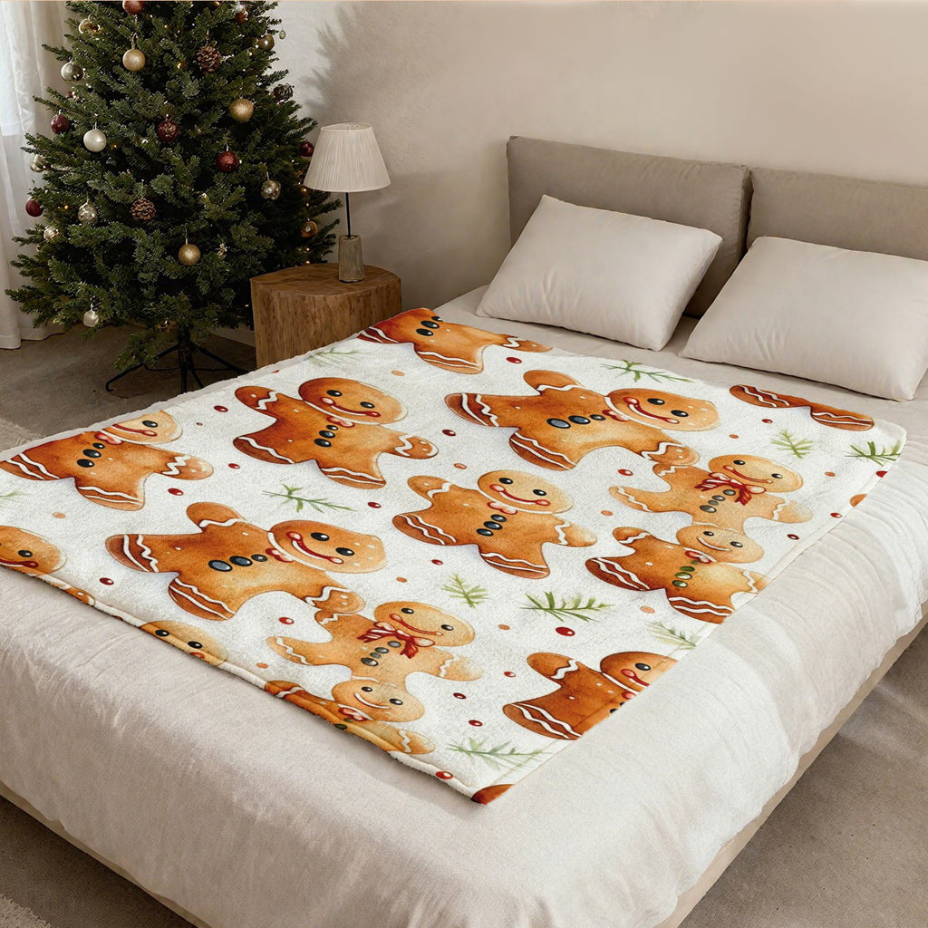 1pc Gingerbread Man And Christmas Pine Branch Theme White Blanket, Winter Holiday Design, Large Plush Throw Blanket, Suitable for Living Room Sofa Cover, Weekend Sofa Nap, Seasonal Home Use
