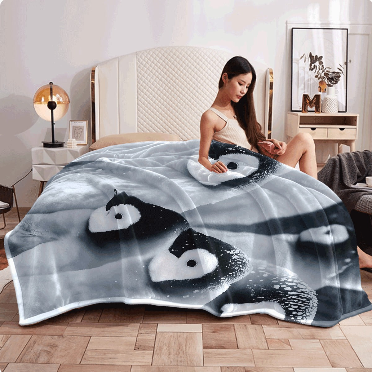 1pc Ultra-Soft Flannel Blanket with Cute Snowy Penguin Print Cozy Warm Throw for Sofa All-Season Comfort Fabric Charming Winter Animal Design for Room Decor Snuggling