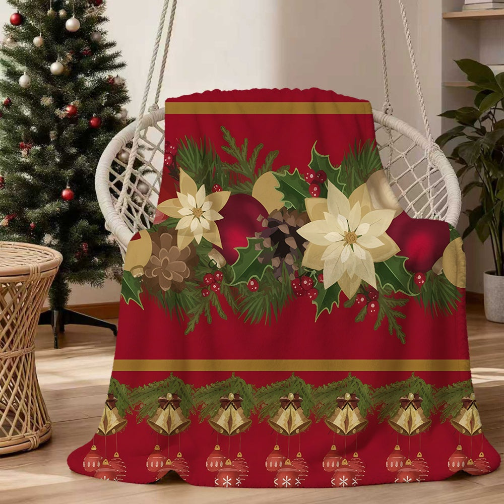 1 Christmas Floral and Bell Pattern Flannel Blanket, Soft, Comfortable, and Warm, with a Red Festive Design. A Four-season Universal Sofa Throw and Warm Cover Blanket, Available in Multiple Sizes. Suitable for Living Room Sofas, Bedroom