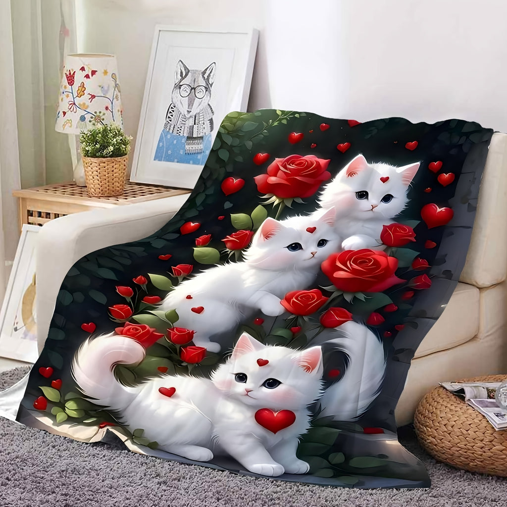 1pc 2D Flat Printing, 3 Cats And Red Roses Throw Blanket, Soft Fleece Blanket - Black Background Romantic Design, Multi-Sizes Available, Suitable for Living Room Sofa, Bedroom Sofa Cover, Leisure Reading, Winter Warmth And Holiday Decor