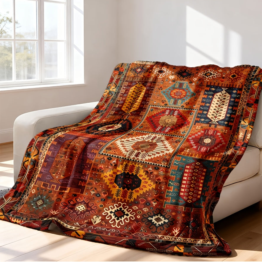 A Bohemian Geometric Patterned Fleece Blanket - Suitable for All Seasons, Soft And Warm, Perfect for Camping, Travel, Car, And Office Use - Machine Washable, Comfortable Home Decor, Vibrant Colors, Exquisite Pattern Craftsmanship, Modern Style