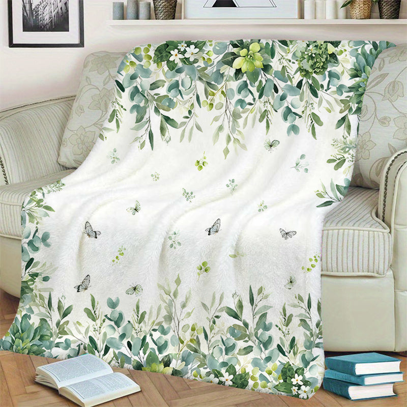 1pc Green Leaf Floral Butterfly Pattern Blanket, Natural Style Design, Soft Plush Surface, Lightweight and Durable Flannel Material, Multiple Sizes Available, Perfect for Holiday Gifting, Living Room Lounging, Bedroom Sleeping, Study Reading