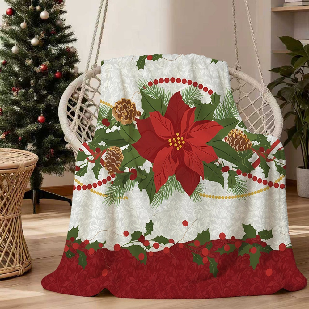 1pc Christmas Floral and Pinecone Pattern Flannel Blanket, Soft, Comfortable, and Warm, with a Red, White, and Green Design. A Four-season Universal Blanket and Warm Throw, Available in Multiple Sizes. Suitable for Living Room Sofas