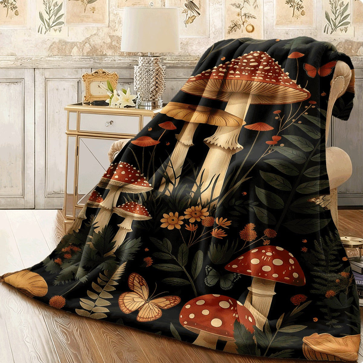 A Single Piece of a Cozy Flannel Blanket Designed for Autumn Woods, Featuring Designs of Mushrooms, Foliage, And Butterflies, Highlighting The Splendor of Nature'S Ecosystem, Soft And Comfy, Ideal for Various Uses