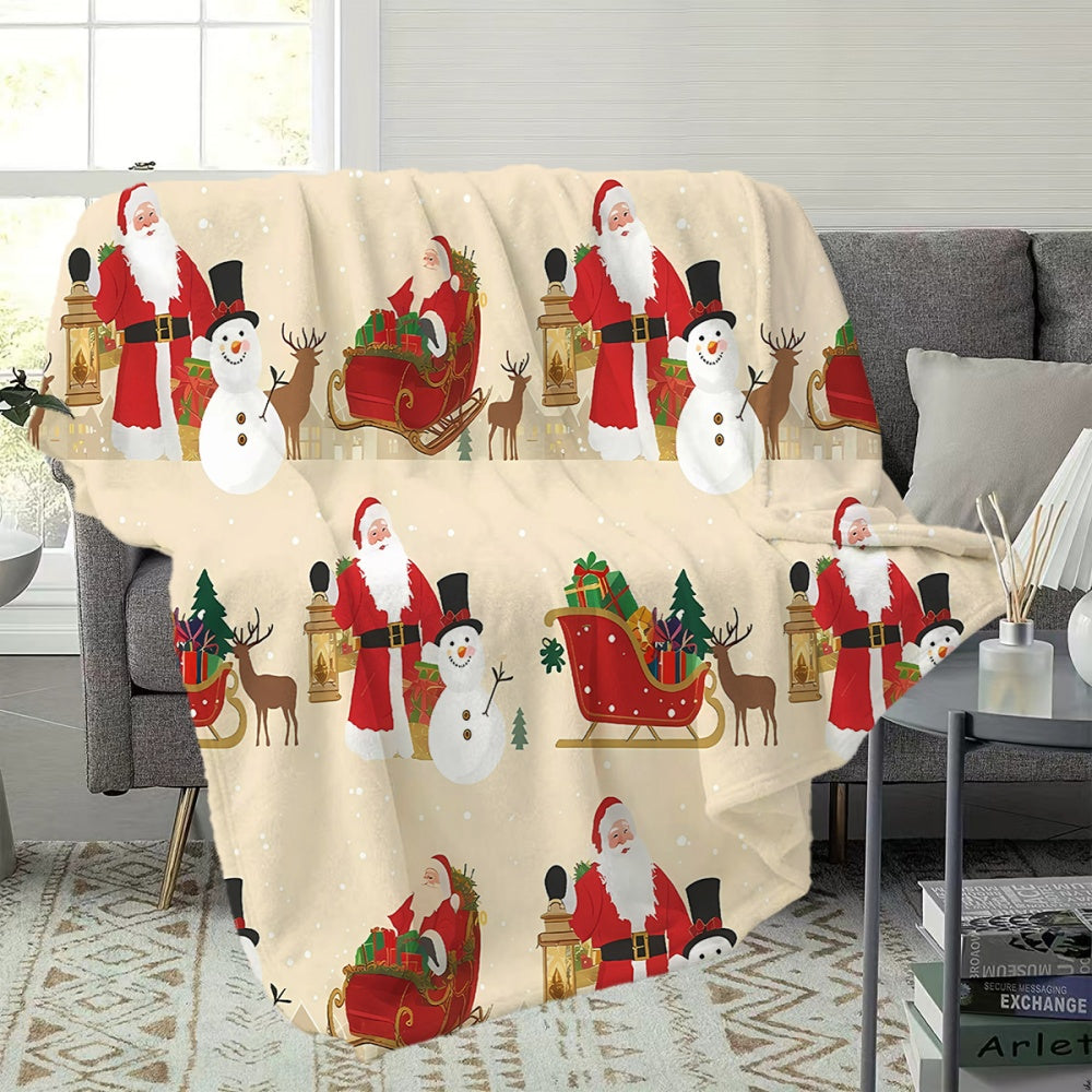 1pc Santa Claus And Snowman Pattern Flannel Blanket, Soft Comfortable Warm, Beige Festive Design, All-Season Sofa Blanket, Warm Cover, Multiple Sizes Available, Suitable for Living Room Sofa, Bedroom, Reading Corner, Holiday Decor
