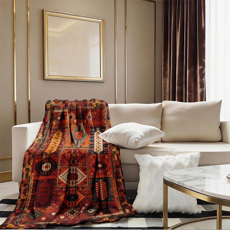 A Bohemian Geometric Patterned Fleece Blanket - Suitable for All Seasons, Soft And Warm, Perfect for Camping, Travel, Car, And Office Use - Machine Washable, Comfortable Home Decor, Vibrant Colors, Exquisite Pattern Craftsmanship, Modern Style