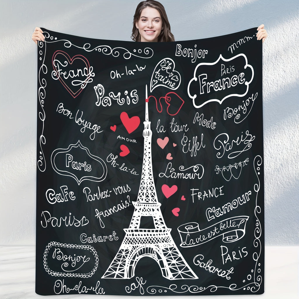1pc Eiffel Tower with French-Style Romantic Handwritten Font Pattern Flannel Blanket, Soft, Comfortable, and Warm, with a Black Background and White Print Design, Durable Plush Surface, All-season Universal Sofa Throw, Warm Lap Blanket