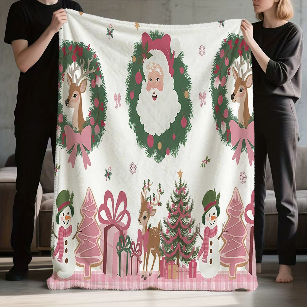 1pc Santa Claus And Reindeer Wreath Pattern Flannel Blanket, Soft Comfortable Warm, Pink And Green Design, All-Season Blanket, Warm Cover, Multiple Sizes Available, Suitable for Living Room Sofa, Bedroom, Reading Corner, Holiday Decor