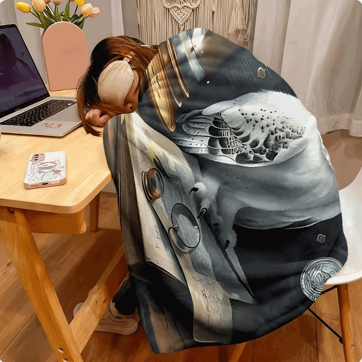 1pc Soft Flannel Blanket with Magical White Owl & Vintage Book Design Cozy Warm Fabric for Sofa Mystical Theme Decor Perfect for Fantasy Lovers All-Season Comfort