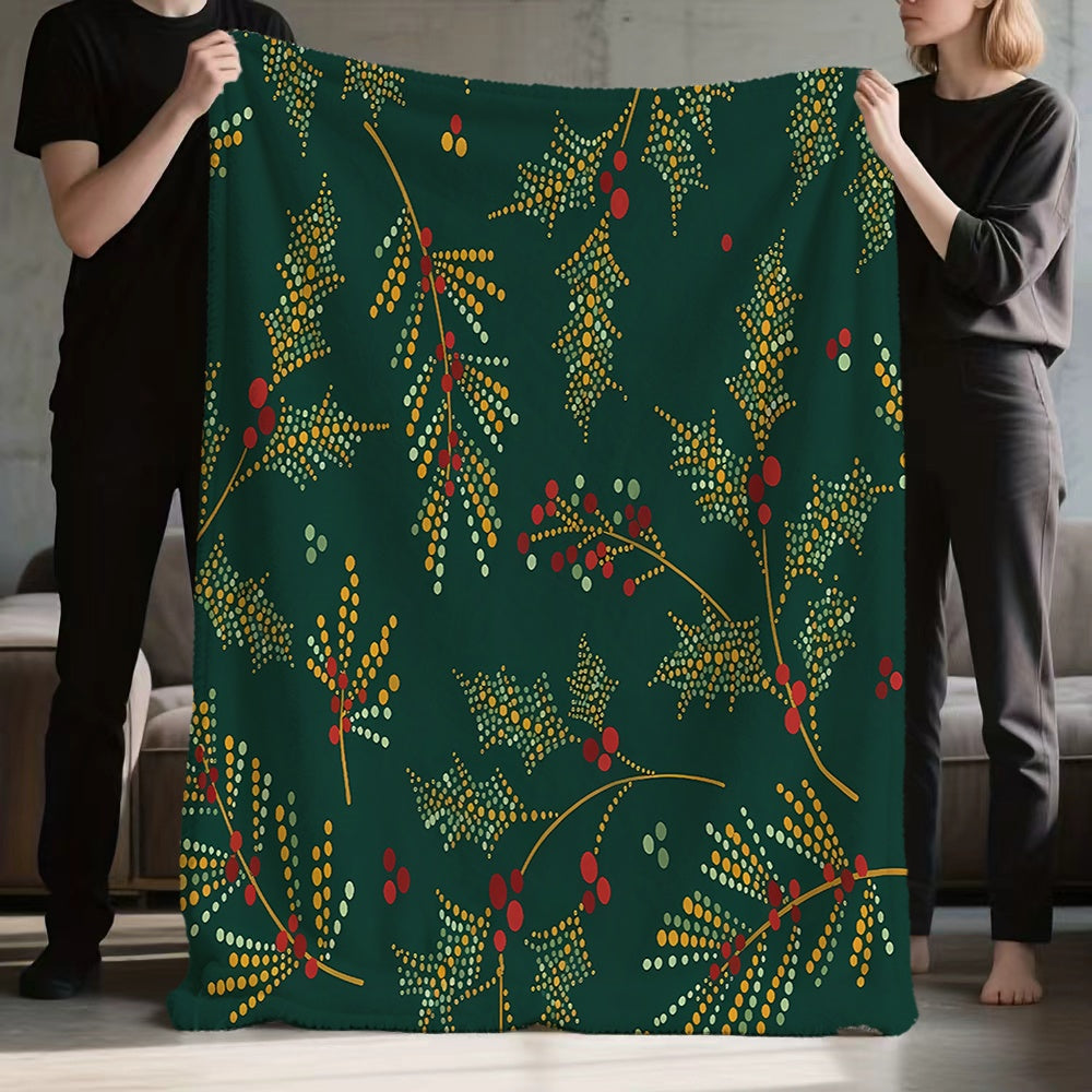 1pc Christmas Green Leaf Red Berry Polka Dot Pattern Flannel Blanket, Soft Comfortable Warm, Deep Green Design, All-Season Sofa Blanket, Warm Cover, Multiple Sizes Available, Suitable for Living Room Sofa, Bedroom, Casual Reading, Home Office