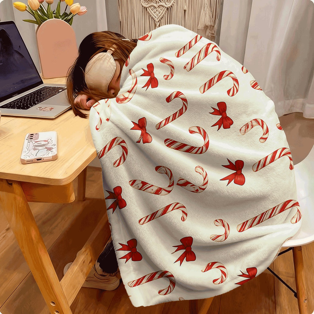 1pc Soft Flannel Blanket with Classic Christmas Candy Cane And Red Bow Print Cozy All-Season Warm Throw for Couch Sofa