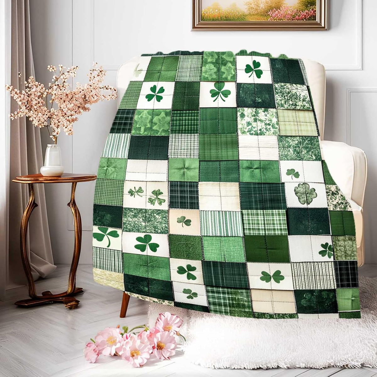 St. Patrick's Day Printed Patchwork Throw Blanket, Green Clover Design, Soft and Cozy Quilted Blanket for Living Room, Bedroom, and Couch - St. Paddy's Day Home Decor, 60x50