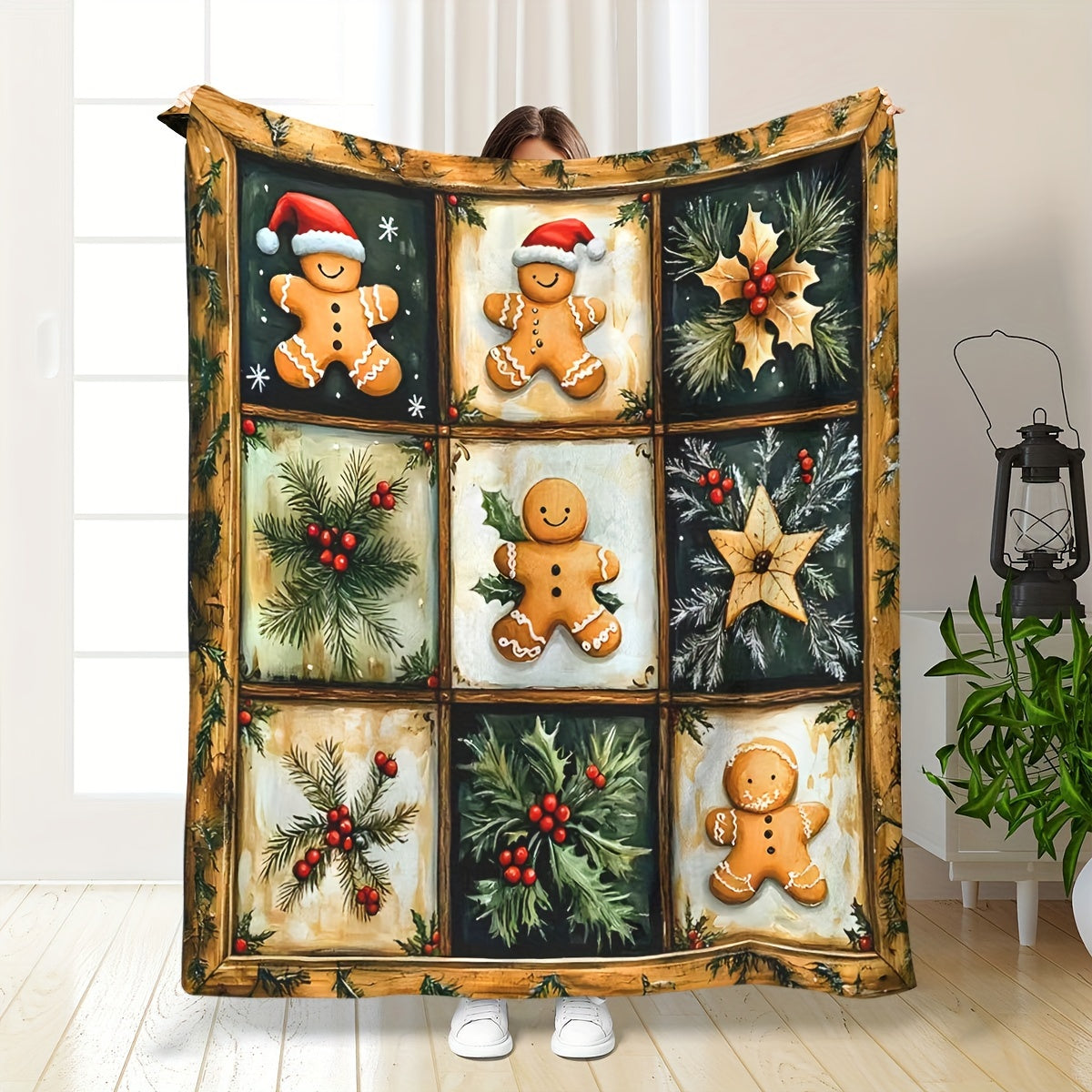 Holiday Christmas Blanket - Vintage Gingerbread Man, Teddy Bear, And Gift Plaid Flannel Blanket - Suitable for All Seasons, Warm, Soft, Comfortable, Modern Style, Digitally Printed, 100% Polyester, 200-250G Per Square Meter