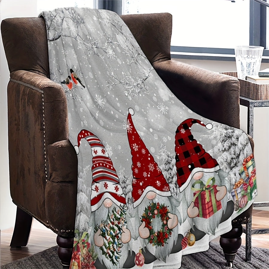 Pink Christmas Flannel Blanket with Snowflake, Branch, Bird, and Gnome, Pink Christmas Tree, Winter Snowflake Gradient, Warm and Cozy, for Travel, Camping, Sofa, Chair, Home Bed, Christmas Decoration