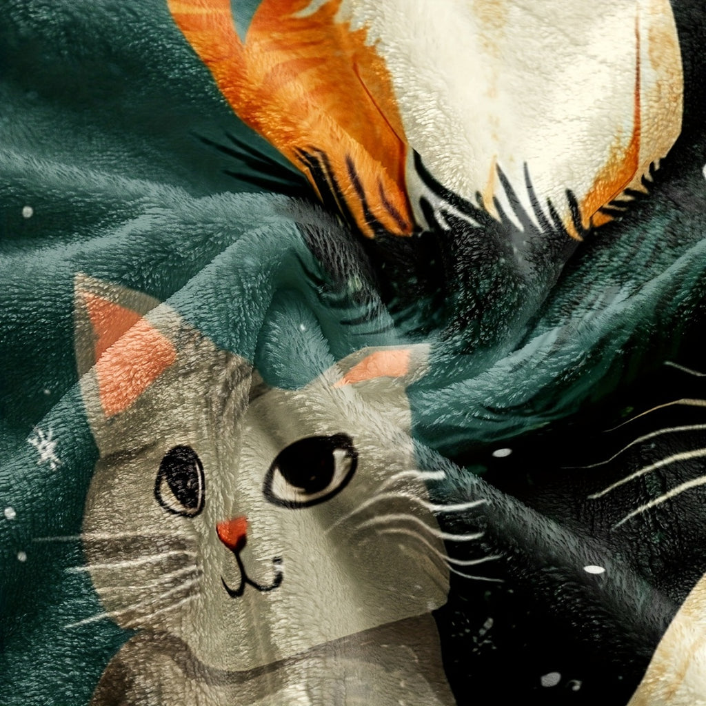 1pc 2D Flat Print Christmas Cat Tree Pattern Blanket, Soft Flannel Throw Blanket, Dark Green Design, Suitable for All Seasons, Warm Cover Blanket, Multiple Sizes Available, Suitable for Living Room Sofa, Bedroom, Reading Nook, Leisure Time