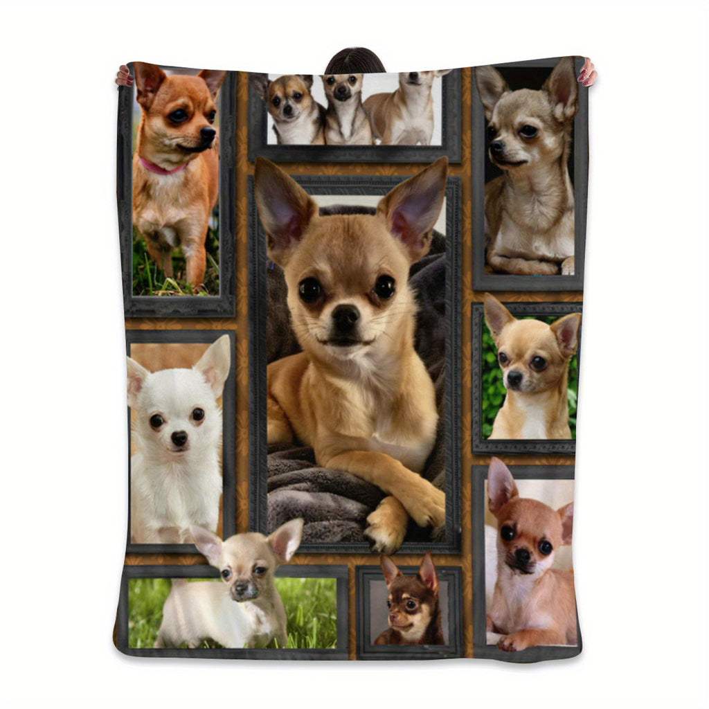 1pc Vintage Style Chihuahua Dog Print Flannel Blanket - Soft Warm All-Season Throw with Multi-Color Animal Design, Hand Wash Only for Couch Sofa Bed Office Camping Travel, Cozy Home Decor Gift, Dog Blanket, Durable Fabric, Pet Owners