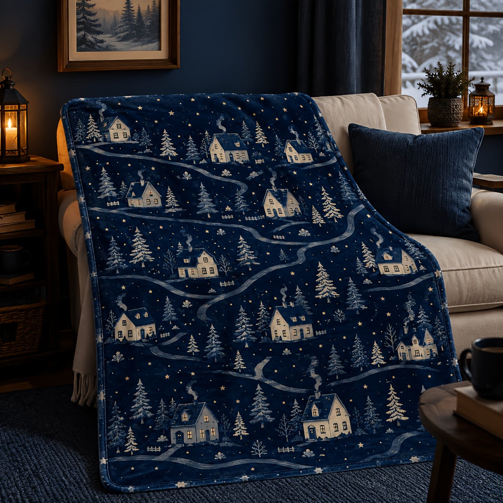 Blanket, Dark Blue Snow Night Town Blanket, Winter Snow House Pine Forest Christmas Wind Soft Blanket, Living Room Sofa Bedroom Autumn and Winter Warm Home Decoration Blanket