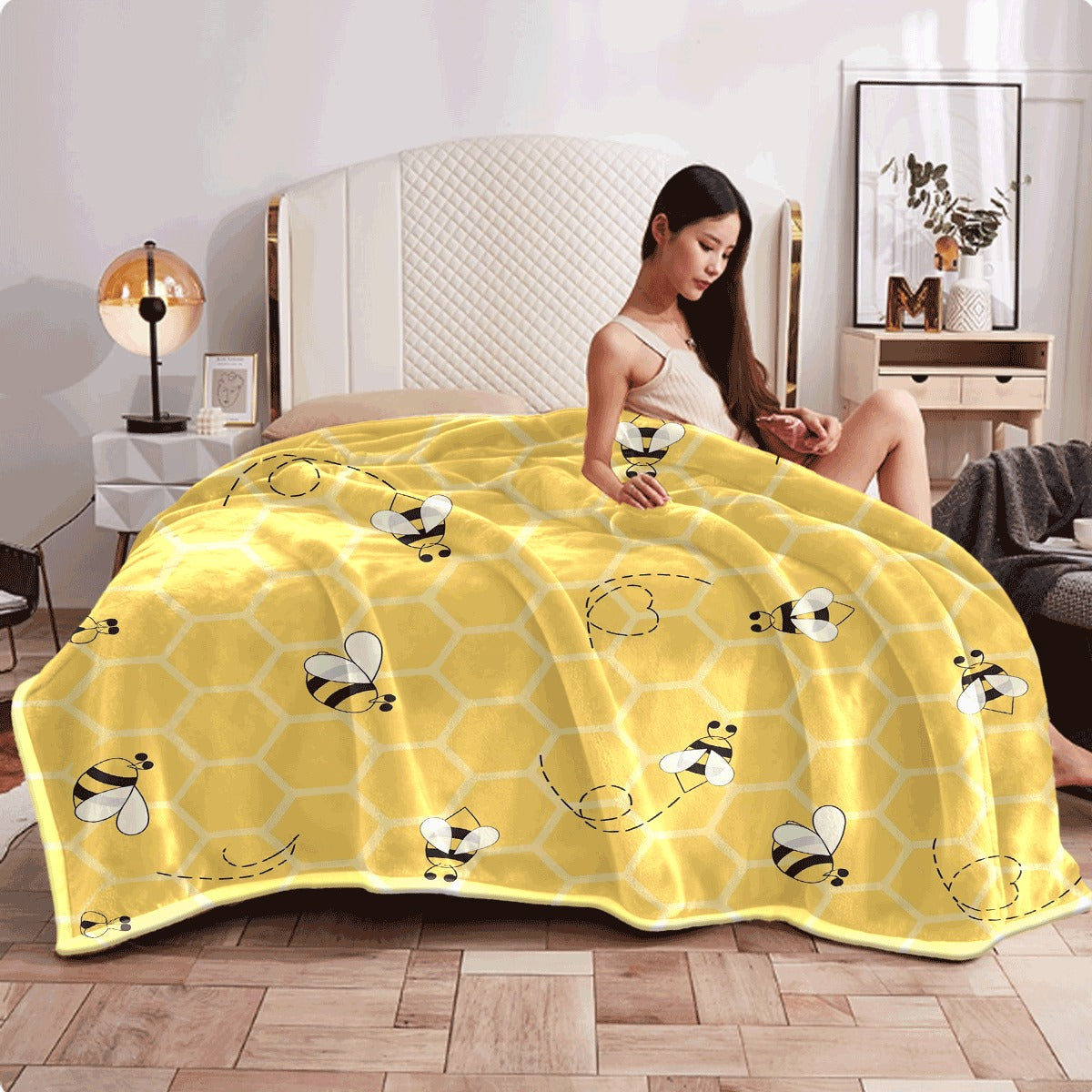 1pc A Vintage Yellow Flannel Blanket Featuring a Bee Design Suitable for All Seasons Made from Fabric with Digital Prints Versatile for Animal-Themed Bedding Great for Napping Camping Traveling