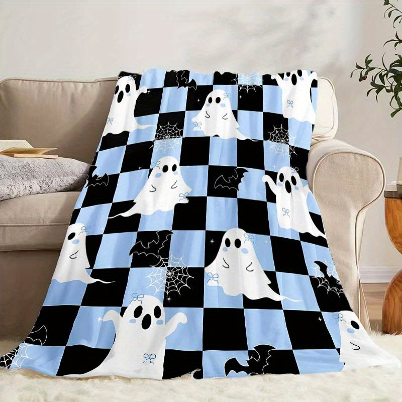 1pc 2D Printed Flannel Halloween-themed Blanket with and Plaid Print Design¡ªsoft, Warm, and Cozy, Lightweight and Durable, Available in Multiple Sizes, Perfect for Halloween Parties, Holiday Decorations, Living Room Lounging, and Bedroom Warmth.