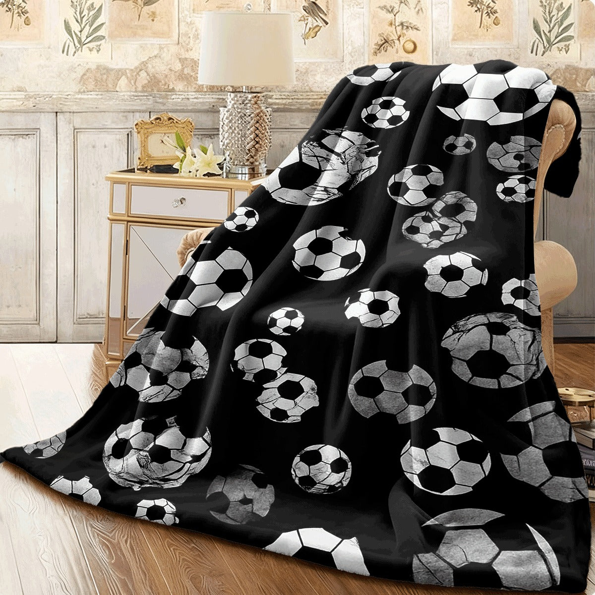 1pc Soft Flannel Soccer Print Blanket Cozy, Warm Throw with White Soccer Ball Design for Couch, Bed, Office, Camping & Travel Machine Washable, All-Season Comfort, Allseason Blanket Playful Des