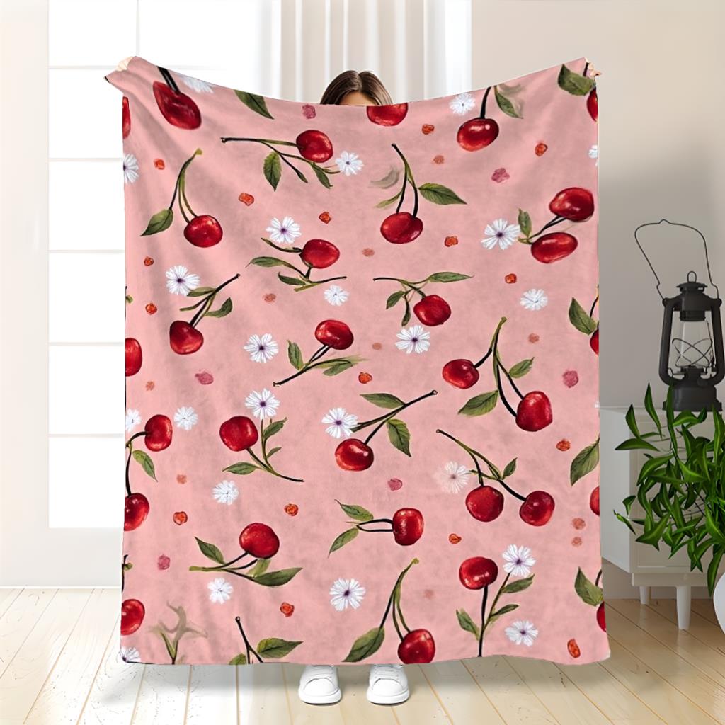 1pc a Flannel Blanket Featuring Cherry Blossoms And Cherry Prints - a Soft, Lightweight Throw Suitable for All Seasons, in Pink with Red Cherries And White Flowers. It'S a Modern Perfect for a Sofa,, Or Camping