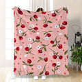 1pc a Flannel Blanket Featuring Cherry Blossoms And Cherry Prints - a Soft, Lightweight Throw Suitable for All Seasons, in Pink with Red Cherries And White Flowers. It'S a Modern Perfect for a Sofa,, Or Camping