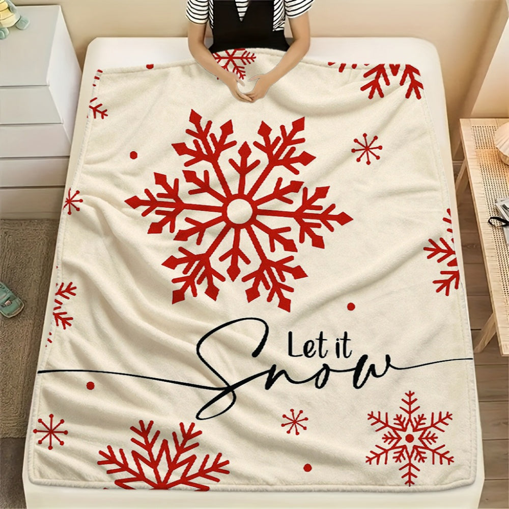 1pc of Cream Beige Flannel Blanket with Red Snowflakes and "Let It Snow" Theme, Featuring a Christmas Winter Decorative Design. Soft Plush Surface, Suitable for All Seasons. Ideal for Home Naps, Movie Nights, and Seasonal Home Use