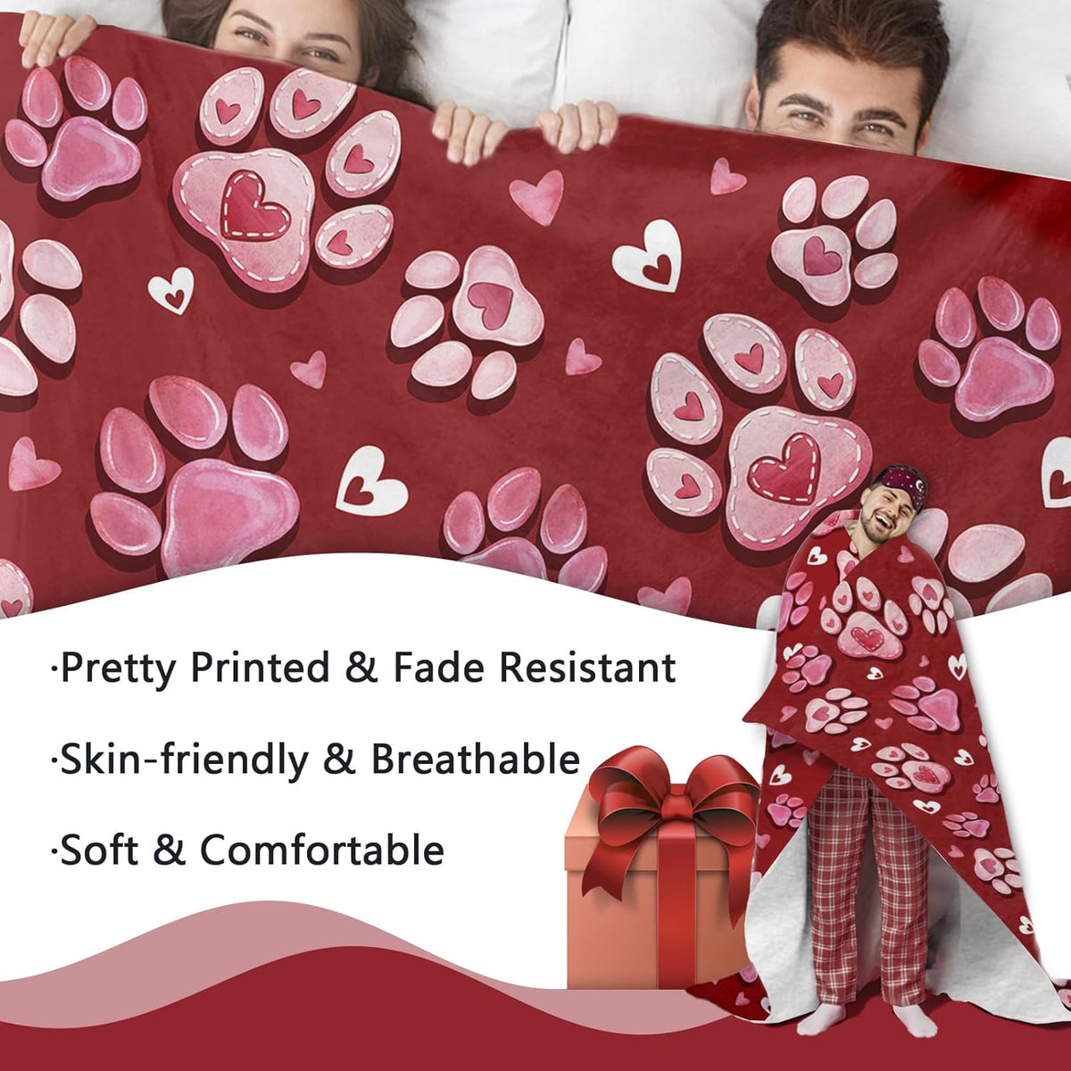 A Flannel Throw Blanket Featuring Paw Prints for Valentine'S Day, in Red And Pink, Perfect As a Romantic Gift for Anniversaries, Weddings, Or Birthdays for Women, Girlfriends, Wives, Or Lovers. This Soft Blanket Is Ideal for Bedding Or The Sofa