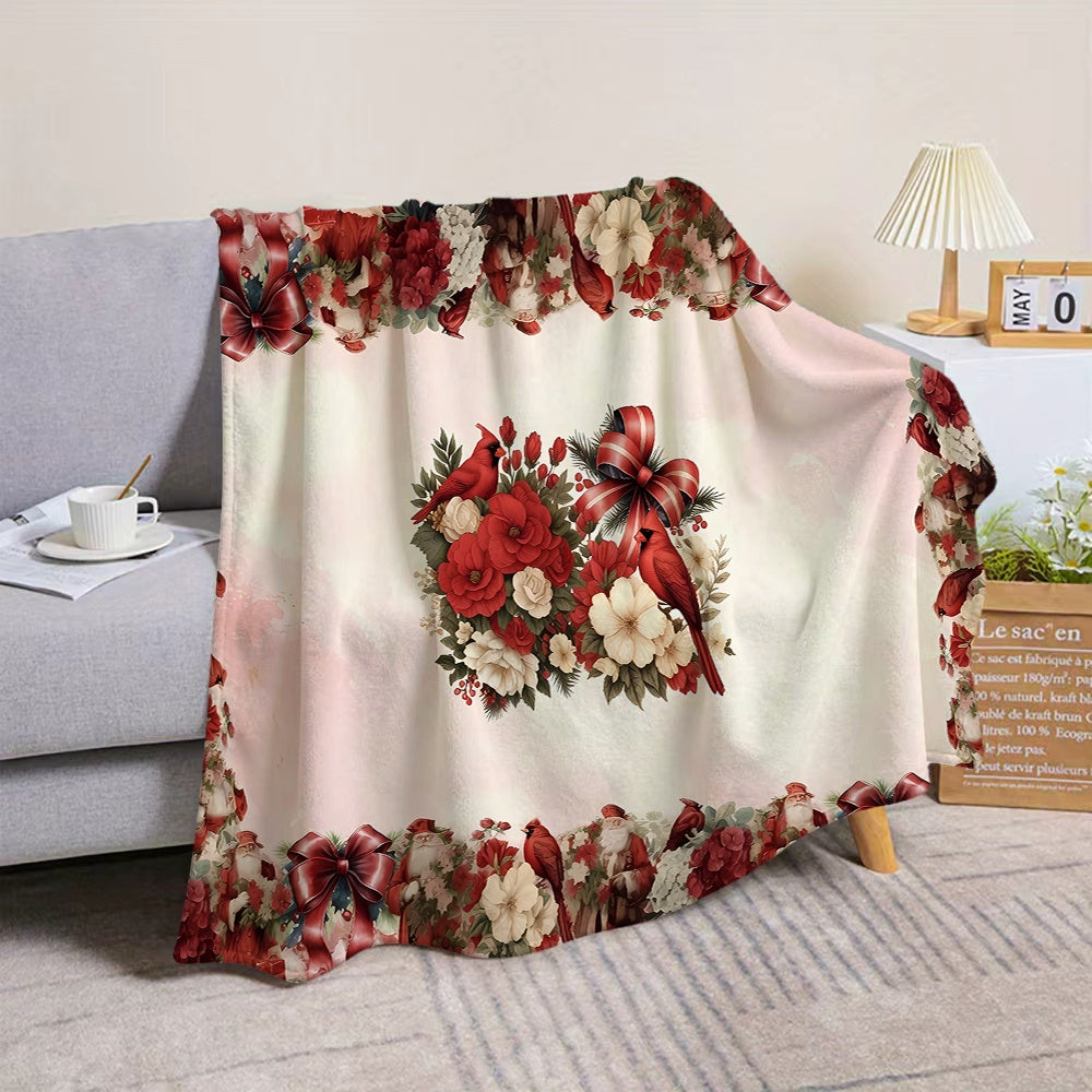 1pc Christmas Red and White Floral with Red Bird Pattern Flannel Blanket, Soft, Comfortable, and Warm, Festive Design, All-season Universal Blanket, Warm Throw Blanket, Multiple Sizes Available, Suitable for Living Room Sofas, Bedroom