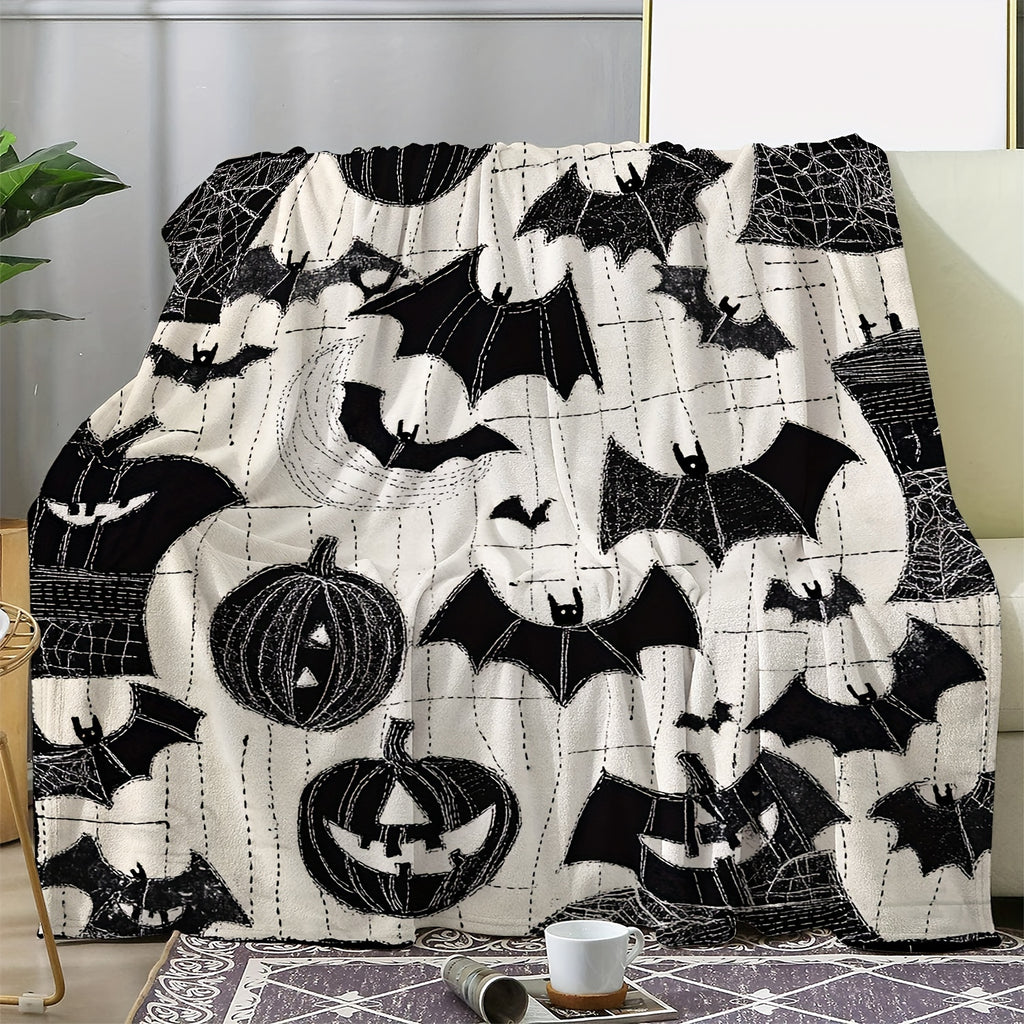 1pc Halloween Bat and Pumpkin Print Blanket, Dark Gothic Throw Blanket, Super Warm Soft and Cozy Flannel Blanket, Multiple Sizes Available, Suitable for Living Room, Bedroom, Study, Balcony
