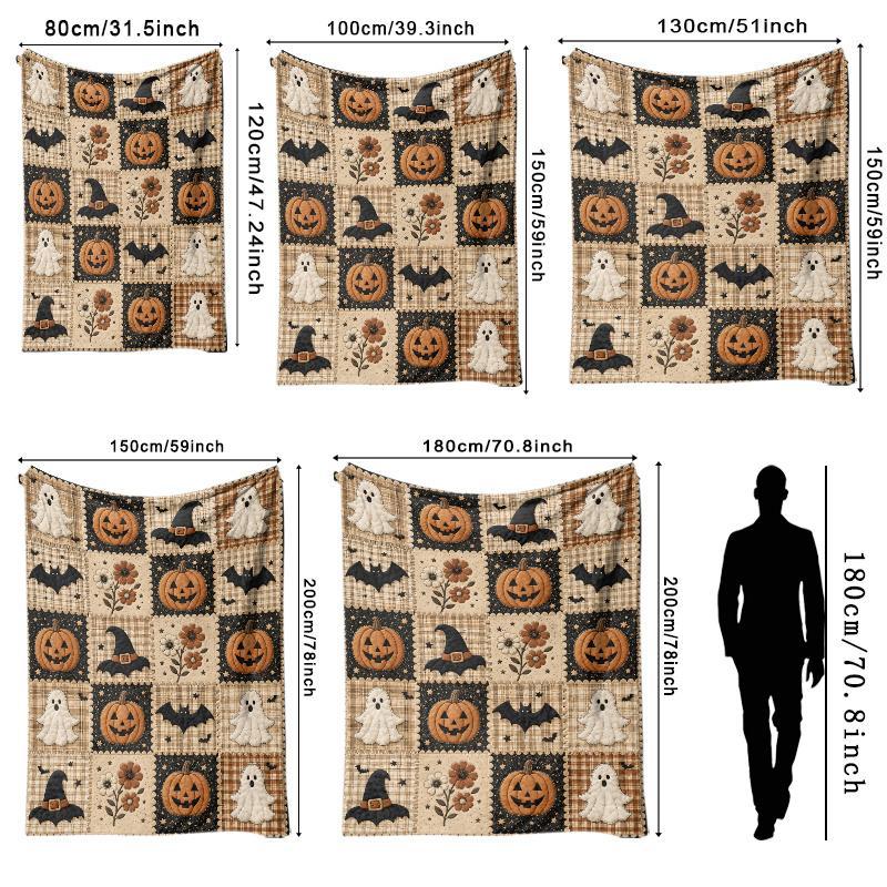 1pc Vintage Country Style Halloween Flannel Blanket, Cream-colored Plaid Pattern with Jack-o'-Lantern, White, Black Bat, and Autumn Floral Patchwork Style Print, Cozy 2D Bedspread, Suitable for Bedroom, Sofa, Bed, and Fall Home Decor