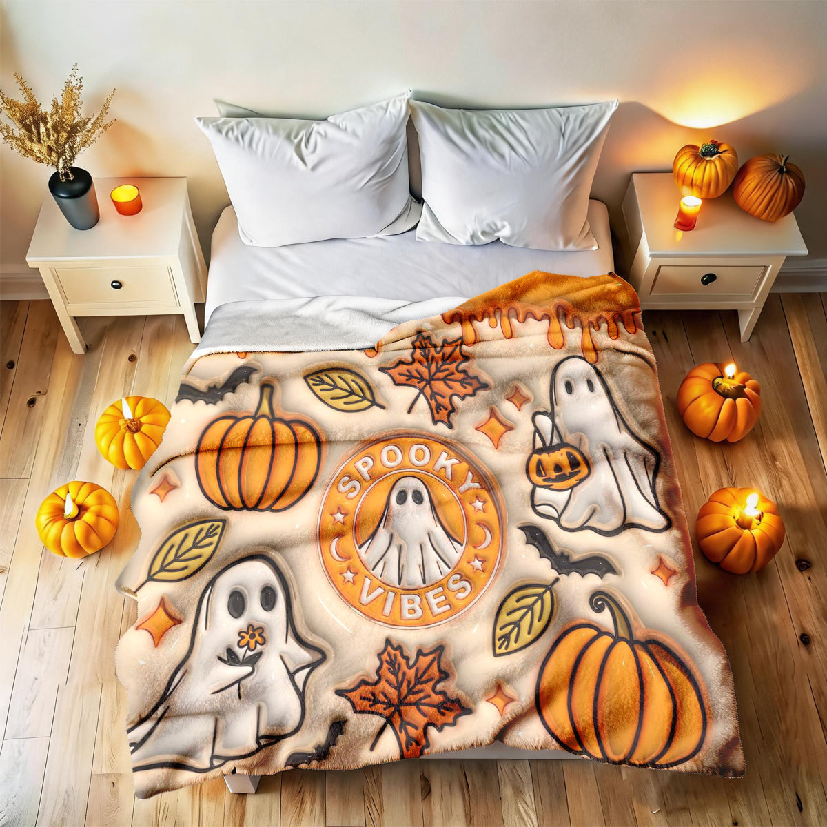 1pc 3D Embossed Ghost Pumpkin Maple Leaf Halloween Theme Flannel Blanket - Large Size, Soft, Lightweight, And Warm, Suitable for All Seasons - Perfect for Bed, Sofa, Office, Camping, And Travel - Ideal Choice for Blankets, Perfect Gift for Family