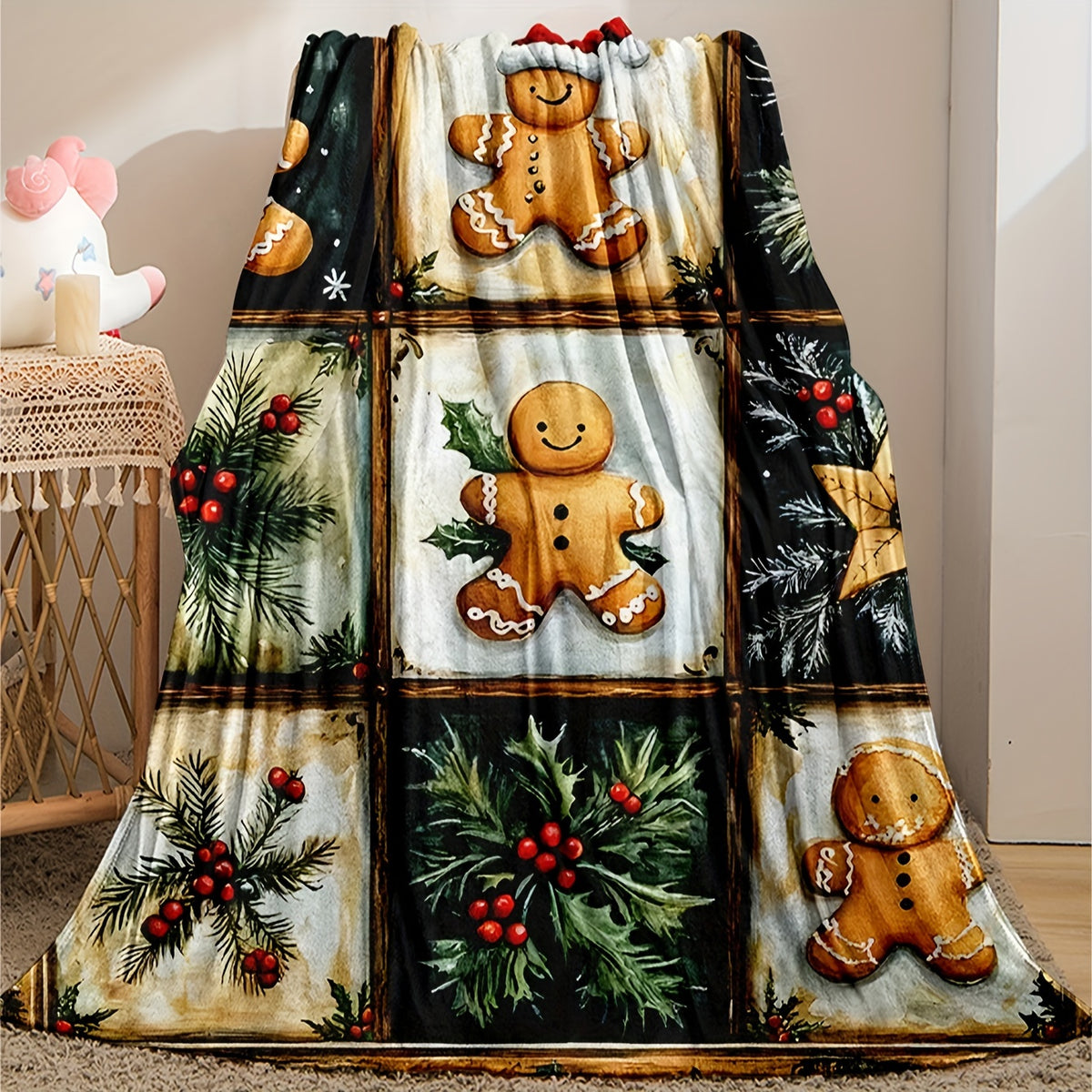 Holiday Christmas Blanket - Vintage Gingerbread Man, Teddy Bear, And Gift Plaid Flannel Blanket - Suitable for All Seasons, Warm, Soft, Comfortable, Modern Style, Digitally Printed, 100% Polyester, 200-250G Per Square Meter