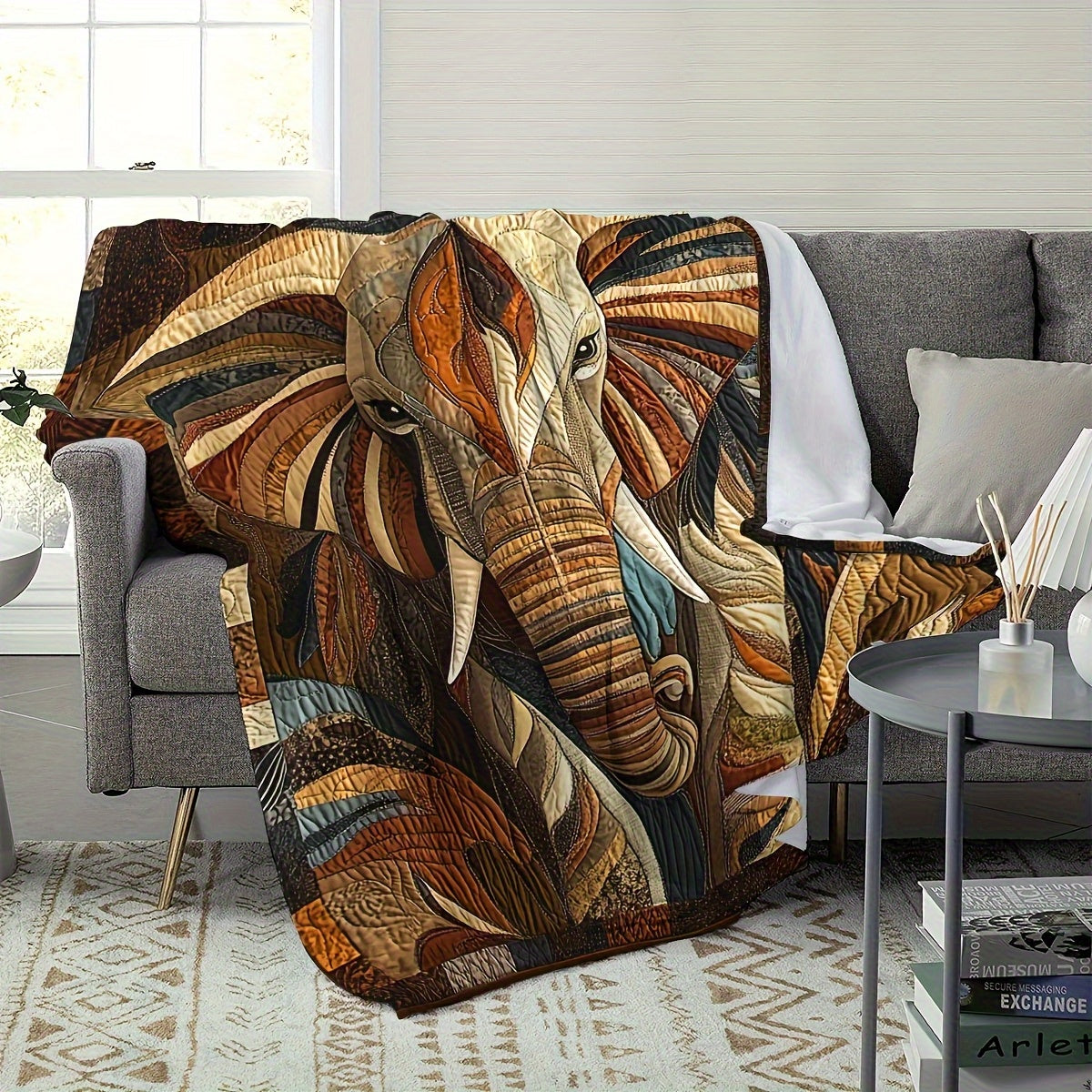 1pc Heavyweight Anti-Allergy Elephant Blanket - Soft Odorless Flannel Suitable for All Seasons, Modern Bohemian Room Decor with Elephant Head Design (Brown/Beige/Black/Orange/Blue-Green/White/Grey/Red) - Elephant-Themed Gift