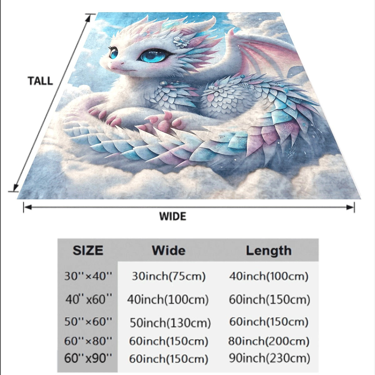 1pc Adorable White Dragon Print Flannel Blanket Soft & Warm All-Season Lightweight Spread Cute Blue-Eyed Dragon & Pastel Rainbow Design Contemporary Geometric Patterns Machine Washable Co