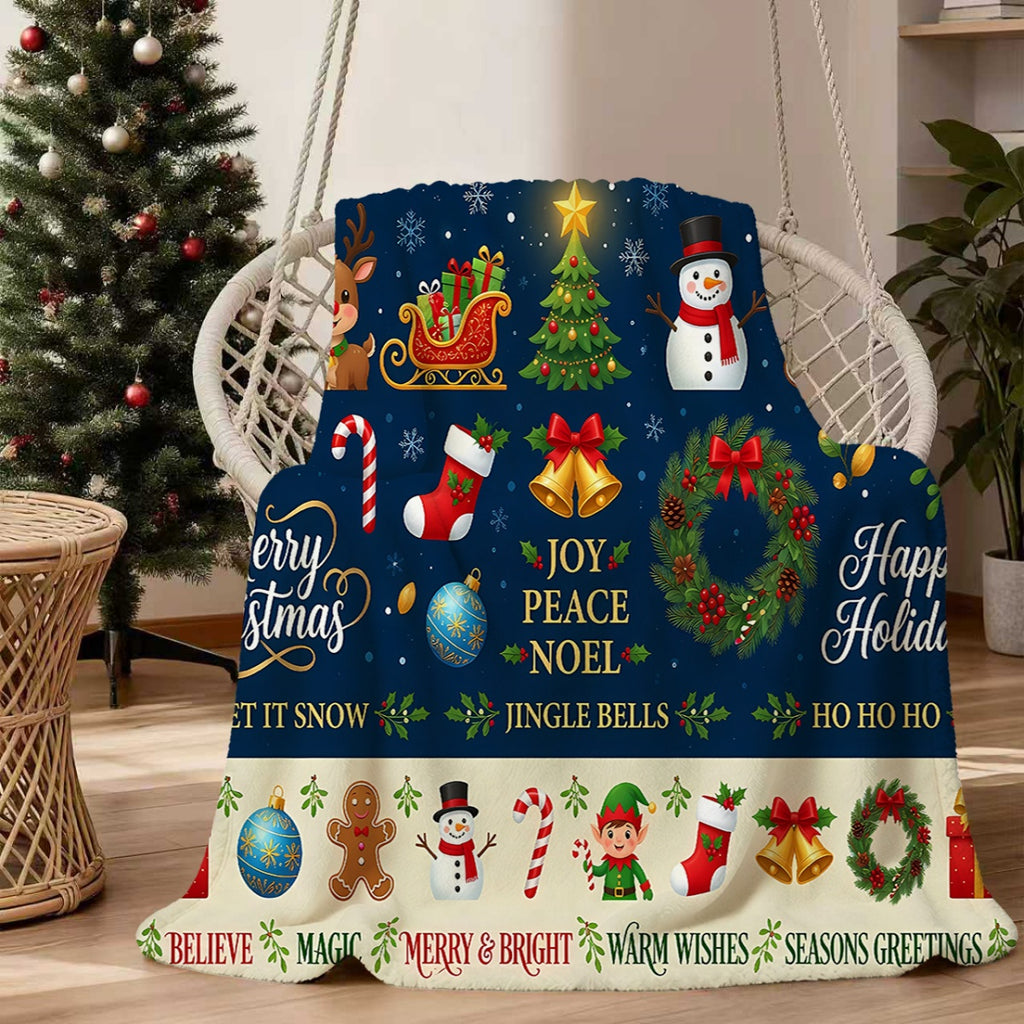 1pc, Santa Claus and Reindeer Pattern Dark Blue Flannel Blanket, Soft, Comfortable, and Warm, Holiday Themed Design, Durable Plush Surface, All-Season Universal Sofa Blanket, Warm Cover Blanket, Multiple Sizes Available, Suitable for Living Room