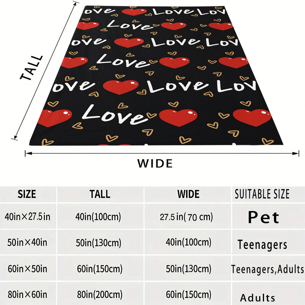 1pc Love Print Flannel Blanket | Soft Warm All-Season Quilted Throw with Red Hearts & Love Lettering, Plush Polyester Bedspread for Napping, Camping, Travel, Home Decor - Ideal Valentine'S Day Gift, Cozy Bedding, Romantic Theme