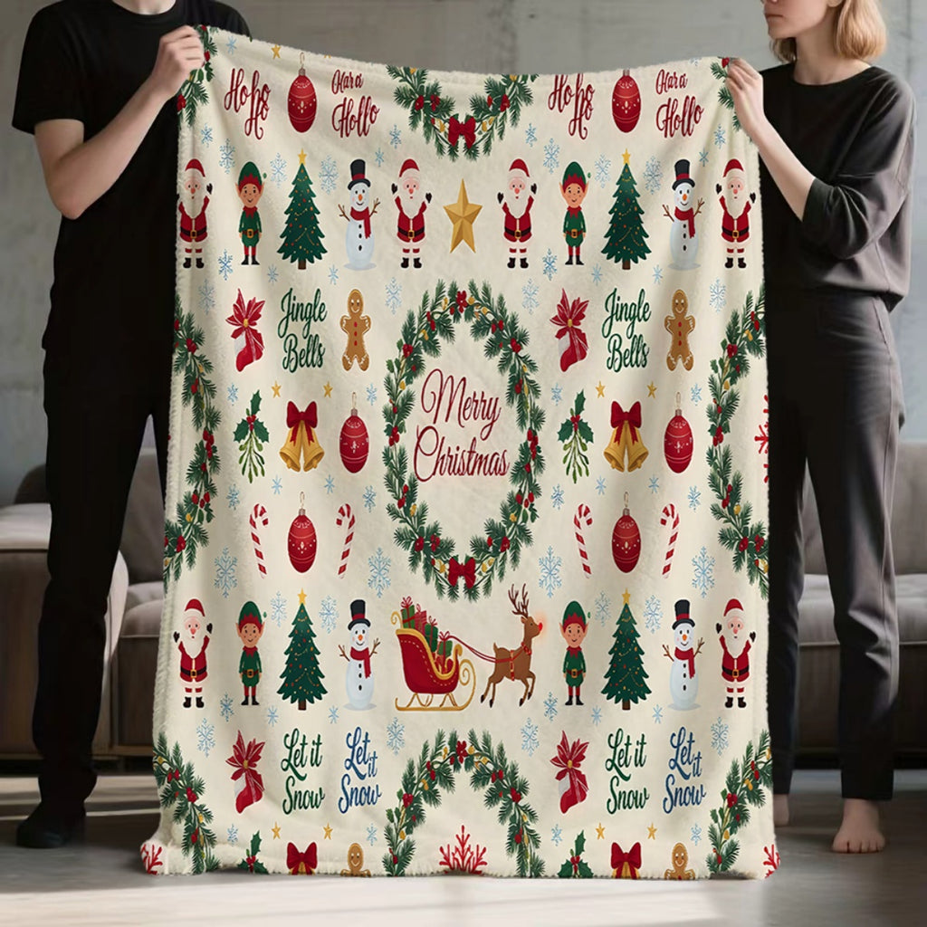 1pc, Santa Claus and Elf Christmas Tree Pattern Beige Flannel Blanket, Soft, Comfortable, and Warm, Festive Design, Durable Plush Surface, All-Season Universal Sofa Blanket, Warm Throw Blanket, Multiple Sizes Available, Suitable for Living Room