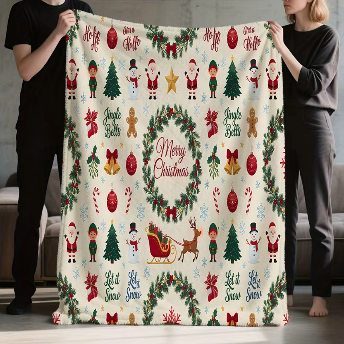 1pc, Santa Claus and Elf Christmas Tree Pattern Beige Flannel Blanket, Soft, Comfortable, and Warm, Festive Design, Durable Plush Surface, All-Season Universal Sofa Blanket, Warm Throw Blanket, Multiple Sizes Available, Suitable for Living Room