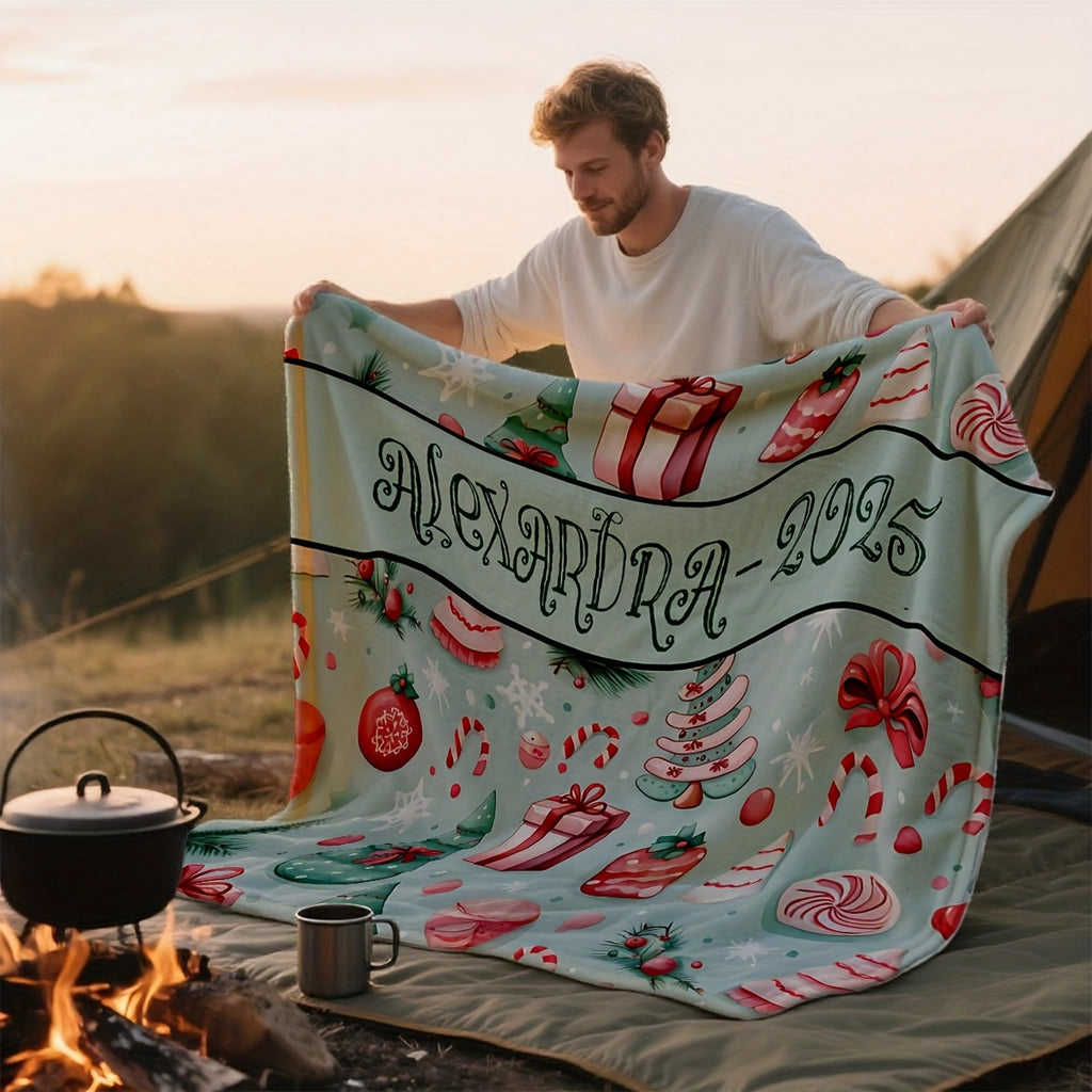 Christmas Blanket with Name (1), Featuring Candy Cane Walking Support, Christmas Tree, Candy, Bow, and Snowflake Designs, Suitable for Travel, RV, Home and Bed Decor, Christmas Festivities