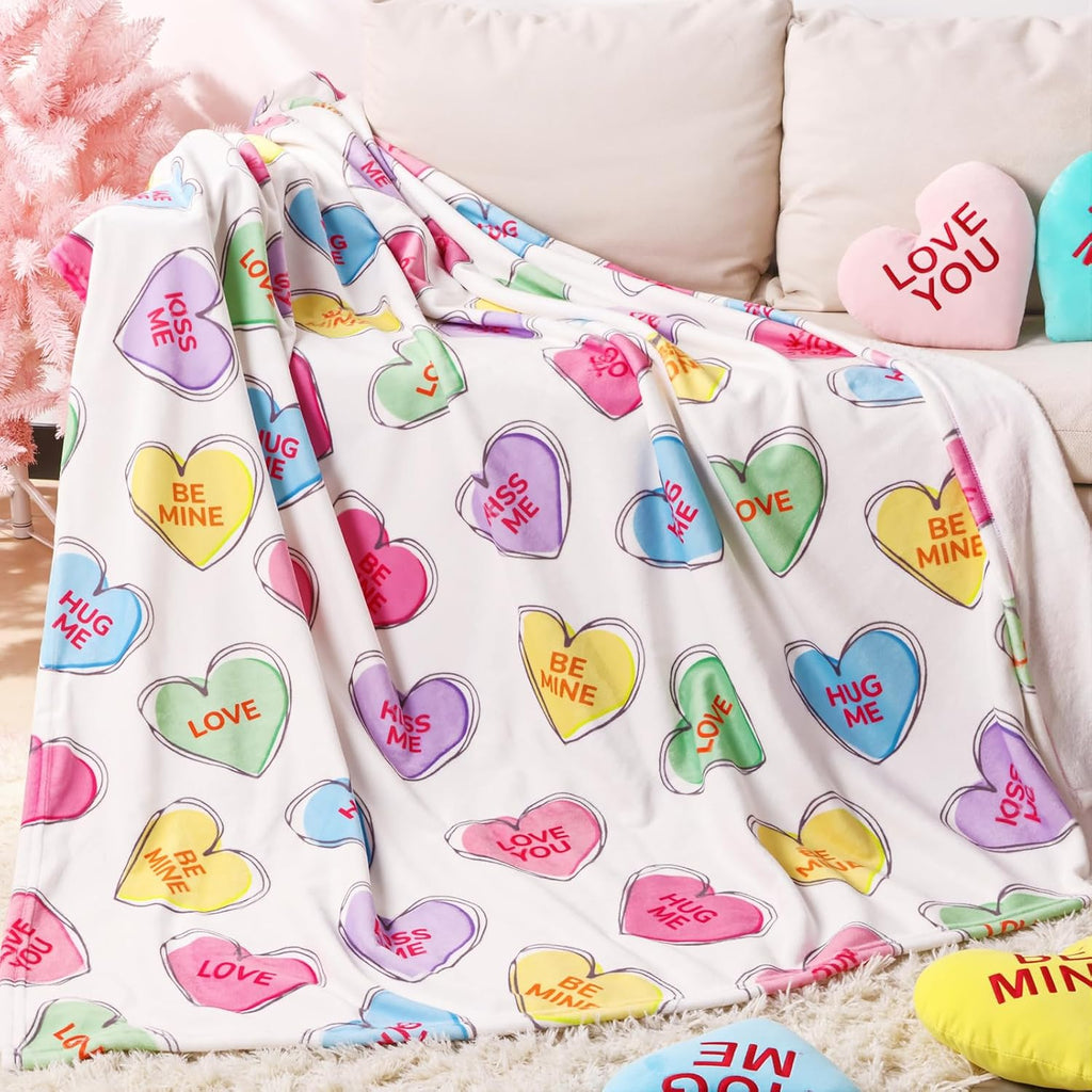 Valentines Day Decor: Hand-Painted Candy Heart Flannel Flannel Throw Blanket, Ultra Soft Plush Travel Blanket, Cozy Romantic Valentines Gift for Couple Women Home Bed Sofa Decor 50x60