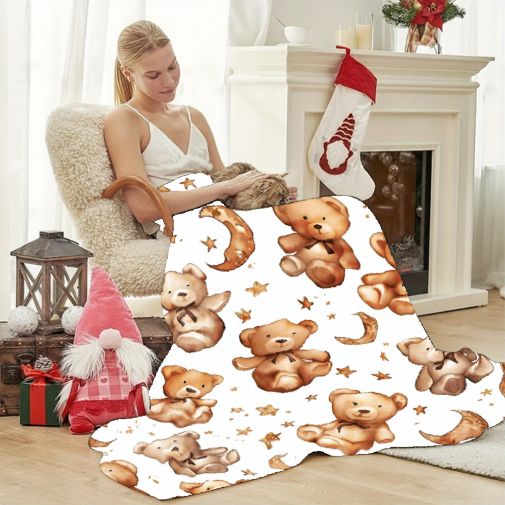 Cute Teddy Bear And Moon Patterned Blanket, Soft And Comfortable Sofa Bed Cover, Warm And Cozy Home Decor Gift, Multi-Purpose Warm Plush Blanket