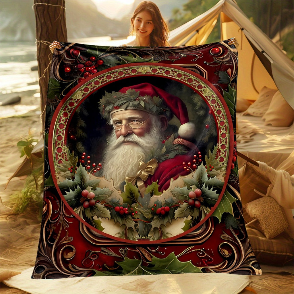 1pc 2D Flat Printing, Santa Claus And Holly Wreath Pattern Blanket, Soft Fleece Blanket, Red And Green Decorative Style Design, All-Season Warm Cover, Multiple Sizes Available, Suitable for Living Room, Bedroom, Camping, Sofa, And Bedside