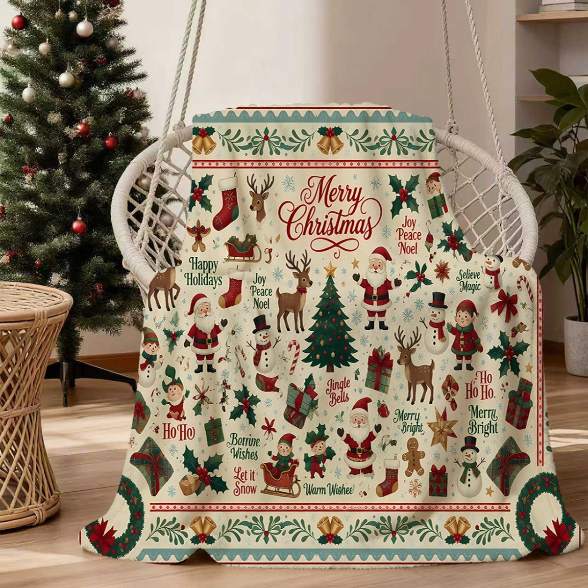 1pc, Santa And Reindeer Pattern Christmas Theme Flannel Blanket, Soft Comfortable Warm, Beige And Red Design, Durable Plush, All-Season Sofa Blanket, Warm Cover, Multiple Sizes Available, Suitable for Living Room Sofa, Bedroom, Reading Corner