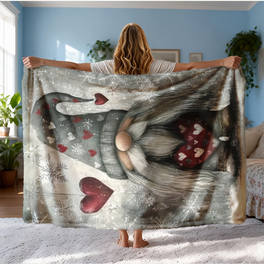 1pc Charming Christmas Gnome Flannel Blanket - Fantasy Theme with Playful Gnomes, Hearts, and Snowflake Patterns, All-season Machine-washable Polyester Fiber, Multi-purpose for Home Decor, Camping, Travel, Office - Mixed Colors, Travel Blanket |